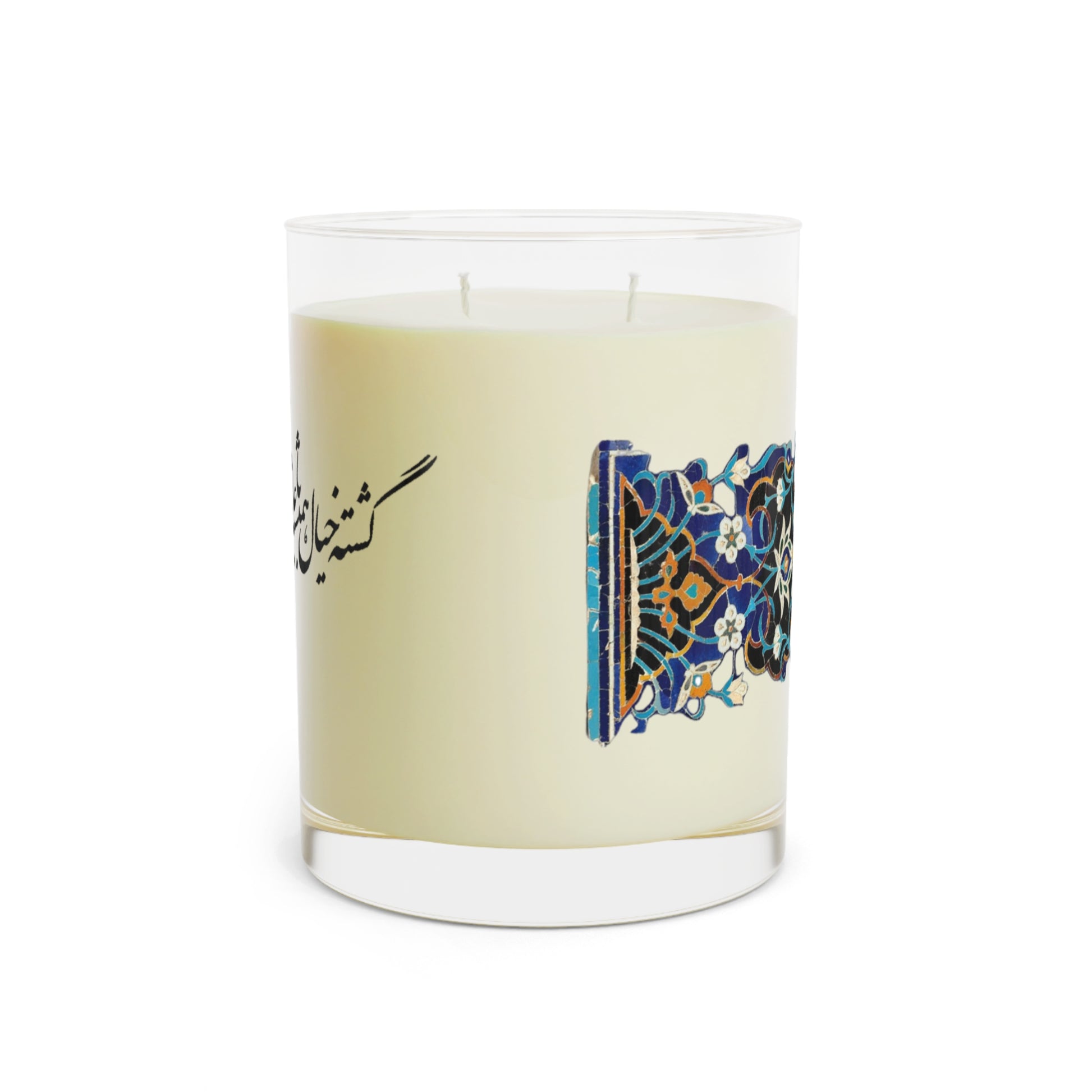 Candle with decorative label on a white background