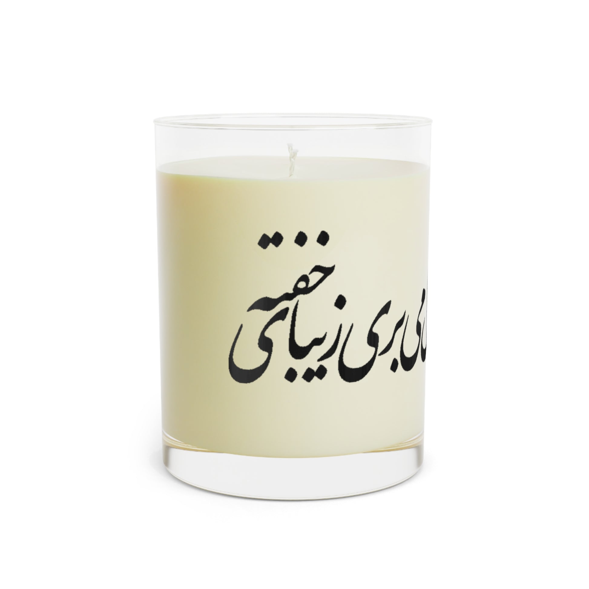 Candle with a beige label featuring Farsi text on a white background