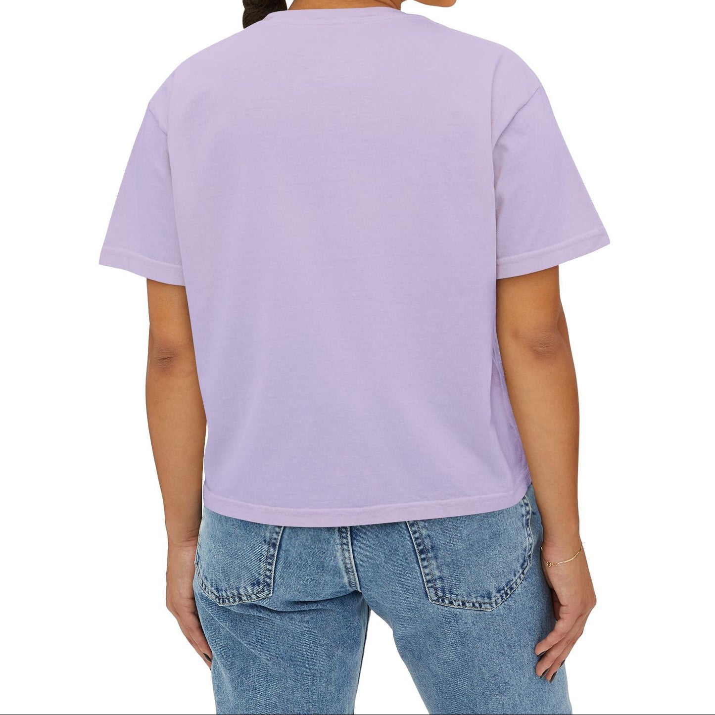 Person wearing a light purple t-shirt and blue jeans on a white background
