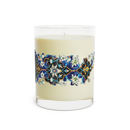 Candle with decorative label on a white background