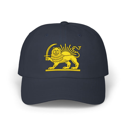 Navy blue cap with yellow lion and sun emblem on a white background
