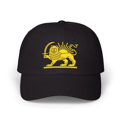 Black cap with yellow lion emblem on a white background