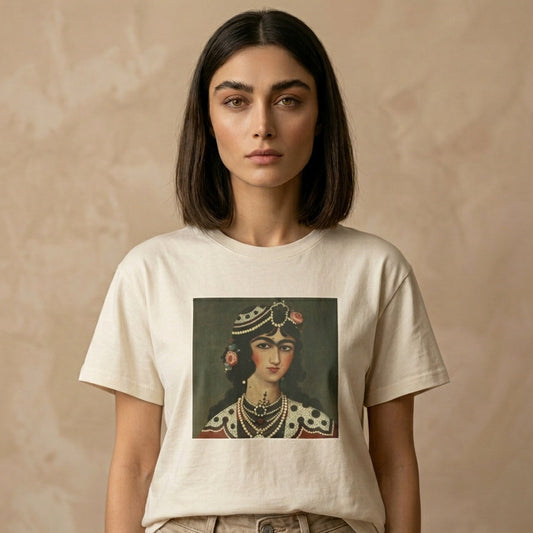 Person wearing a beige t-shirt with a graphic of a Qajar woman's portrait on the chest on a beige background