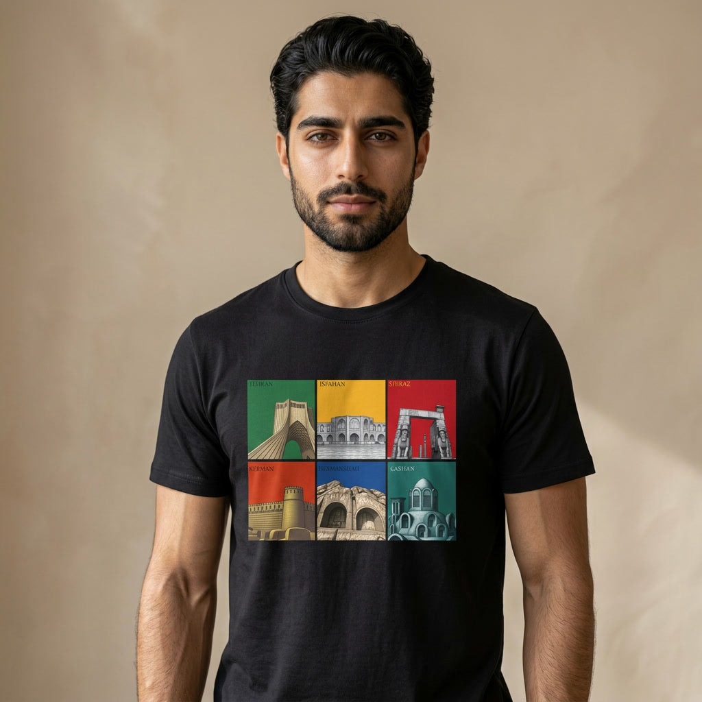Man wearing a black t-shirt with colorful graphic design on a beige background