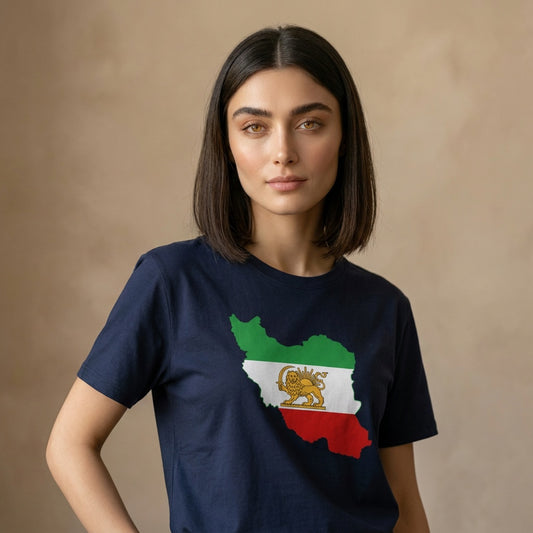 Woman wearing a navy blue t-shirt with Iran's map and lion and sun flag design on a beige background