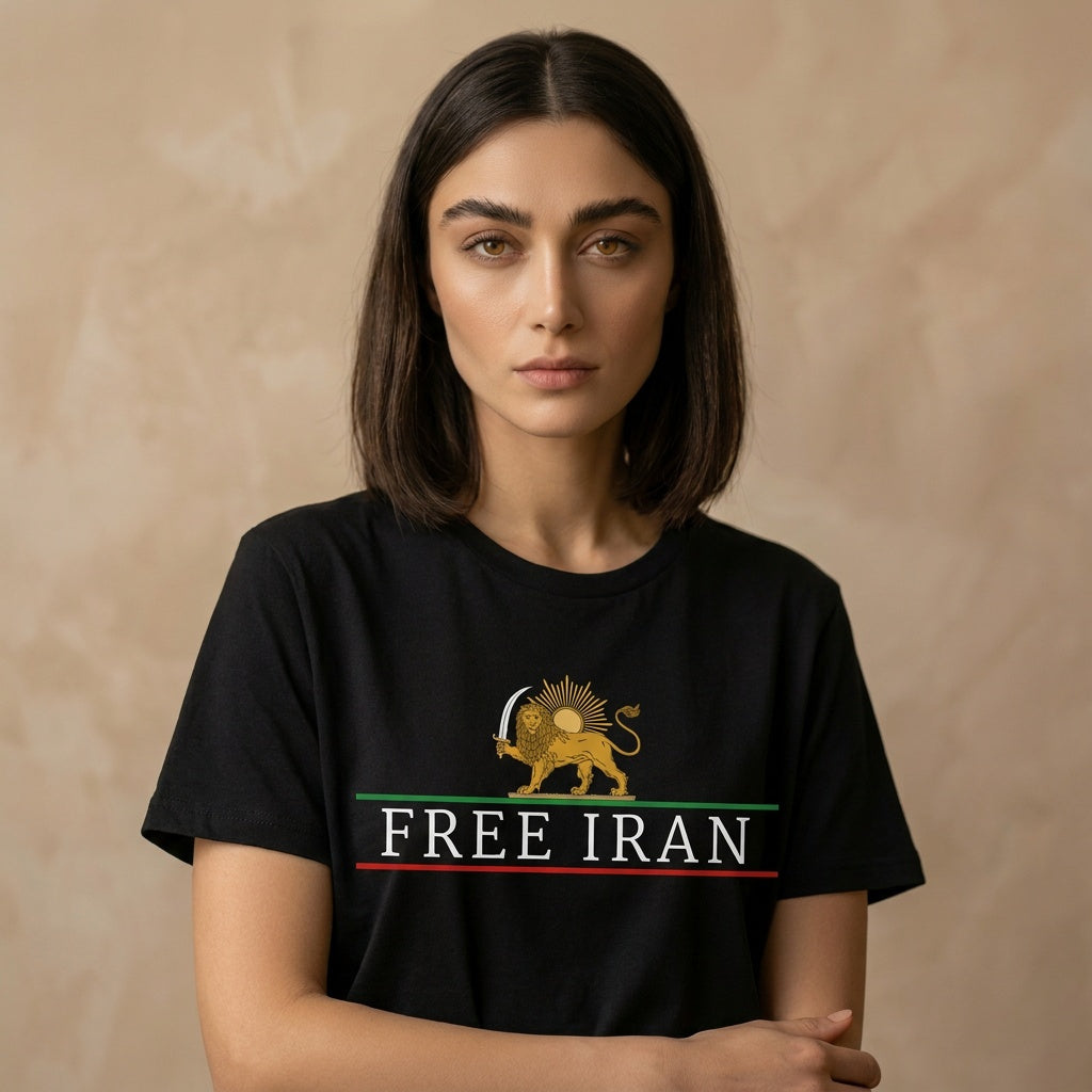 Woman wearing a black t-shirt with a lion emblem and 'FREE IRAN' text and lion and sun sign on a beige background