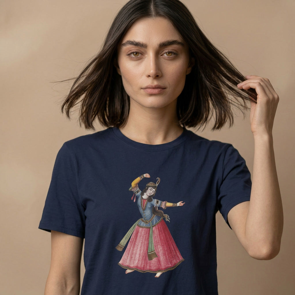 Woman wearing a navy blue t-shirt with a colorful qajar graphic design on a beige background