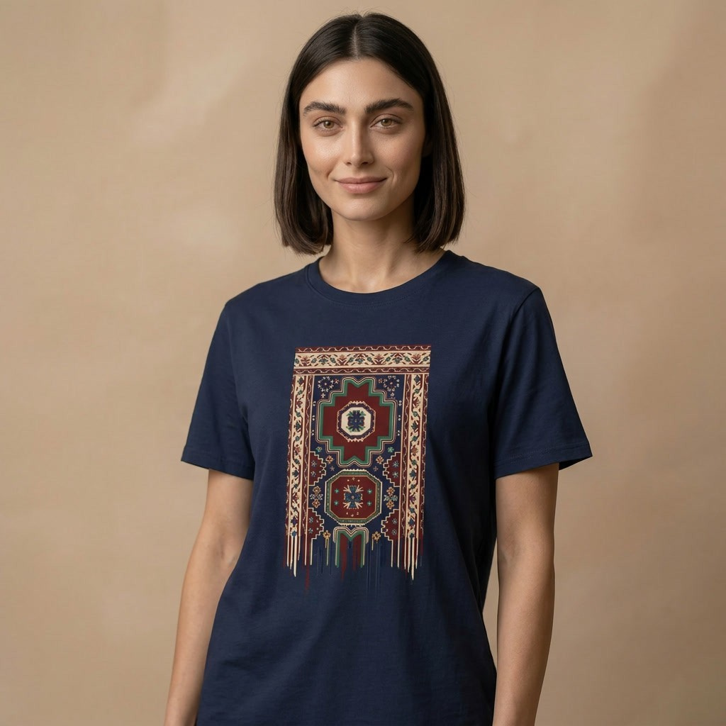 Woman wearing a navy blue t-shirt with a colorful geometric pattern on a beige background